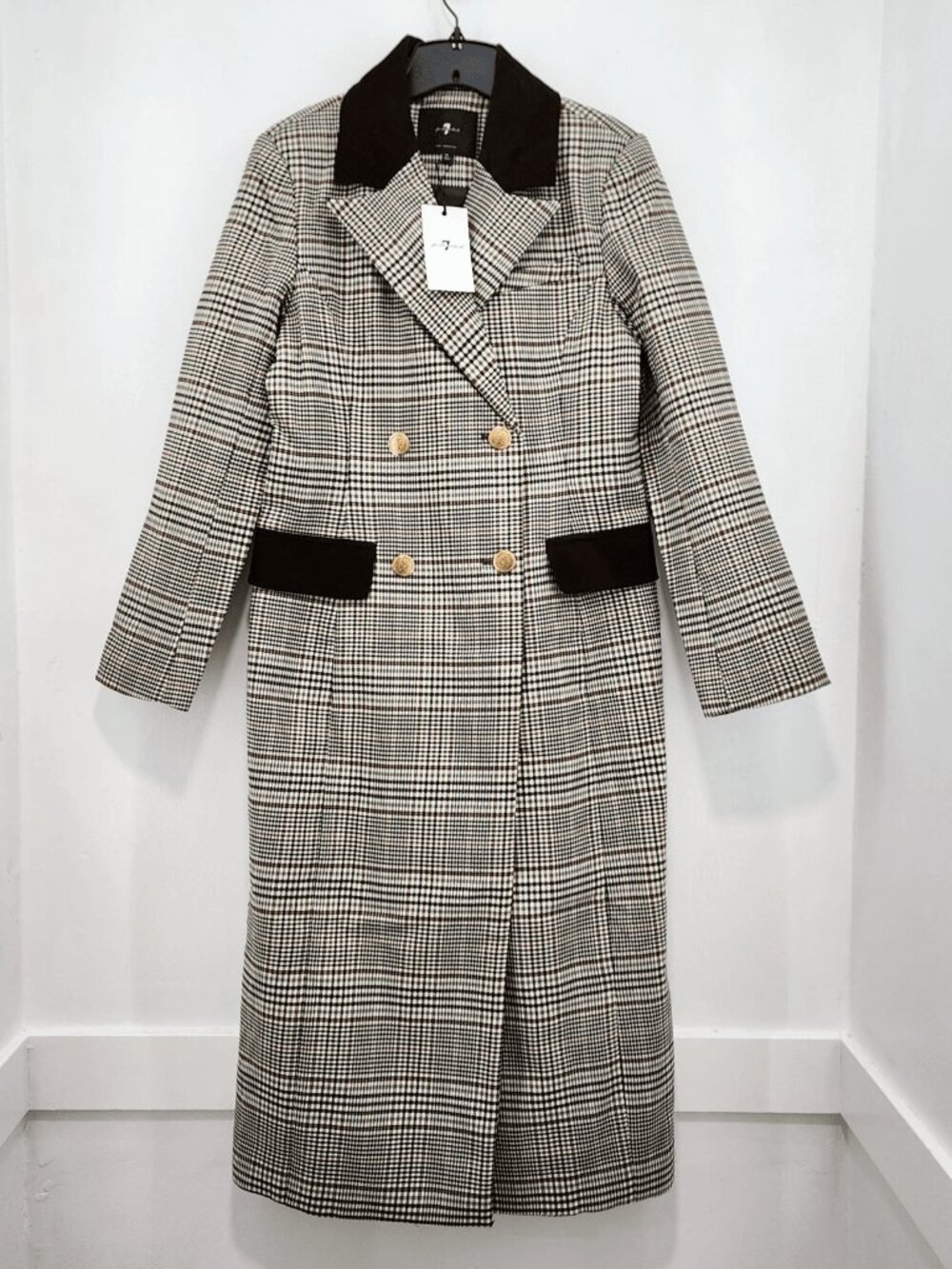 7 For All Mankind Women's Brown Plaid Double Breasted Trench Coat Longline M